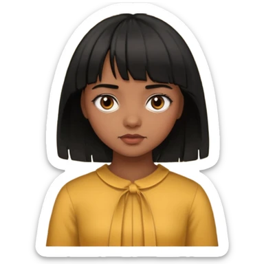Girl that has a short black hime cut with curtain bangs, then dark brown eyes, and has a bit brown skin sticker