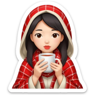 cute and sexy asian girl, feeling sick up, nose and cheecks red by blush, covered by blanket, holding tea mug in hands sticker