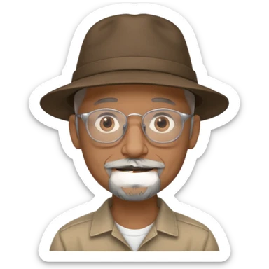 Brown man with wide rimmed hat no hair, gray goatee, clear glasses and slightly smiling sticker