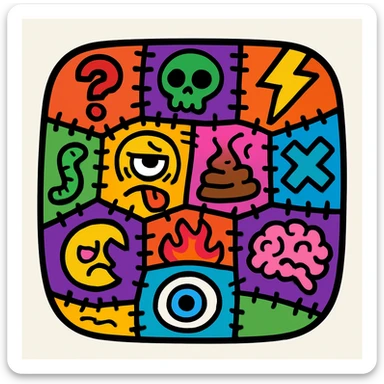 A chaotic patchwork quilt emoji with mismatched symbols and icons, evoking a deliberately absurd and brain-melting feel, grotesque and nonsensical sticker