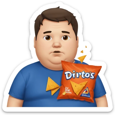 Fat man with greasy hair side part discord t shirt eating doritos sticker