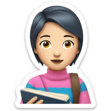 A Short hair asian girl with blue pink stripe knit is studying sticker