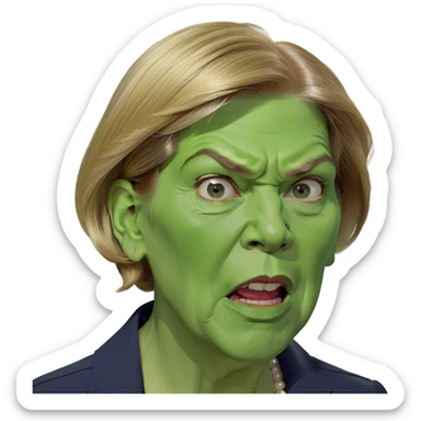 Make a picture of Senator Elizabeth Warren with a traditional Native American headdress make it realistically cartoonish without the braids really accentuate  her wrinkles make her hair blonder and get rid of the headdress besides make her look extremely afraid sticker