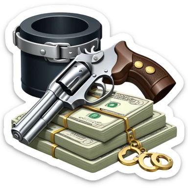 Icon for Action & Crime Reading: an open book, a revolver, handcuffs, a stack of cash. Surrounding elements include a dark alley, a police badge, and a pair of sunglasses. The icon should evoke tension, suspense, and action. Transparent background. sticker