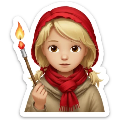 A little girl with messy blonde hair, wrapped in a thin scarf, lighting a match with shaky hands as warm light reflects in her eyes.
 sticker