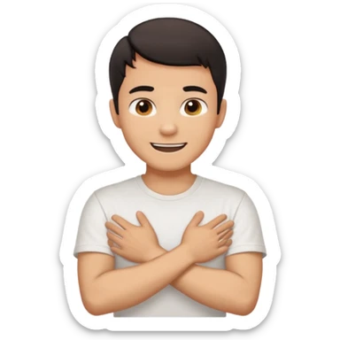 Man with hands gripped around neck crossed like he is choking while smiling sticker