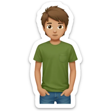A 14 yerar old teenage boy, slightly tanned, wearing a green tshirt, blue jeans and green sneakers with brown tousled hair sticker