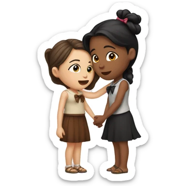Two girls kissing one , is Indian skinned with black hair and a bow the other girl is white skinned with brown hair and a bow sticker