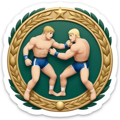 An icon symbolizing wrestling combat sports in the style of an emblem. The design features two wrestlers locked in a powerful grapple, one attempting to take the other down. Surrounding the scene are stylized elements like a championship belt, wrestling mat, and a laurel wreath.  sticker