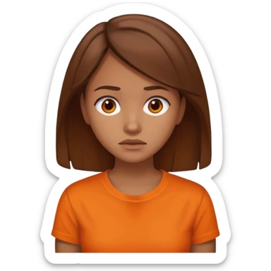 25 year old woman in orange shirt, she looks like she is in pain. She has brown hair sticker