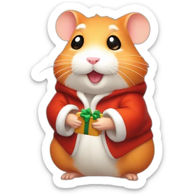 A joyful (((Orange Hamster))) dressed as ((Santa Claus)), with a warm expression and and a sack of gifts, pixelart sticker