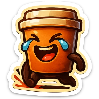 Tall coffee cup, laughing hard, tears in eyes, pounding ground, dramatic laugh sticker