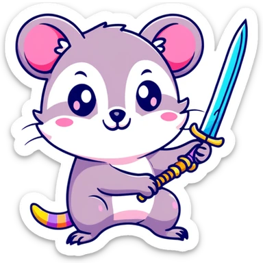 A colorful possum holding a glittery sword, rainbow sparkles, vibrant neon colors, cute big eyes, with stars and hearts background sticker