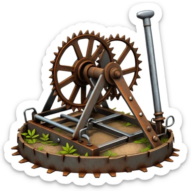 Realistic rusty bear trap open on forest ground, sharp metal jaws, detailed steel texture, natural lighting sticker