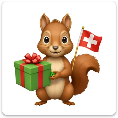 a squirrel holding a green gift box in one hand and a Swiss flag in the other, both objects clearly visible, simple white background, the gift is a different color from the flag sticker
