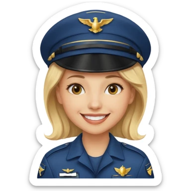A female pilot with light skin and blonde hair under her cap sticker