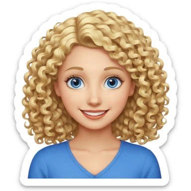 Woman with blonde curly shoulder-length hair, big blue eyes, wide smile sticker