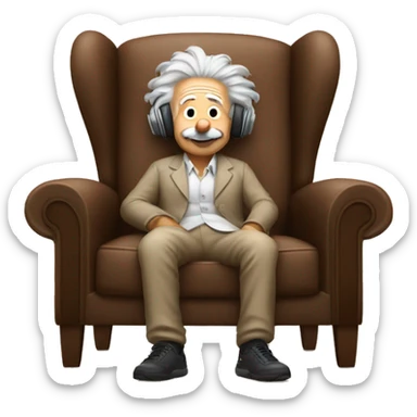 albert einstein happy listening music with just wireless headphones while sitting on the brown chair sticker