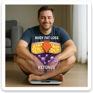 man in 4K sitting on a scale with transparent illustration showing body fat loss and ketone production, satisfied expression sticker