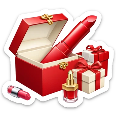an open gift box with lipstick, cream jar, and perfume bottle spilling out sticker