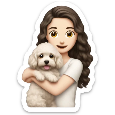 pale white girl with long black hair holding brown bichpoo puppy sticker