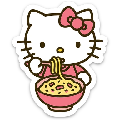 Hello Kitty eating Buldak Carbonara, pink and white girly aesthetic, icon style sticker