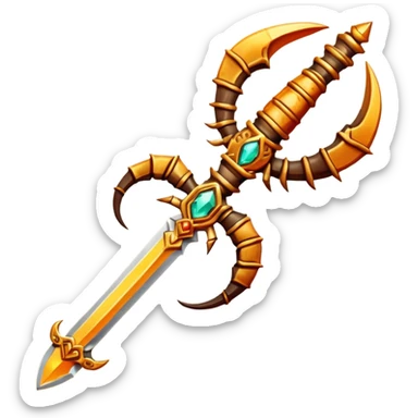 desert dagger object icon, scorpion-shaped guard, glowing amber gem in handle, tribal desert carvings, fantasy style, 3D cartoon, mobile game icon style, centered, clean background, no text, no watermark
 sticker