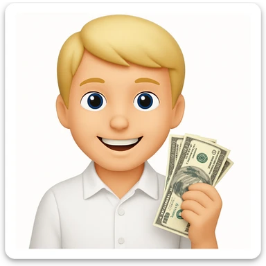 Emoji style, blonde man, blue eyes, white shirt, holding money, smiling, no facial hair sticker
