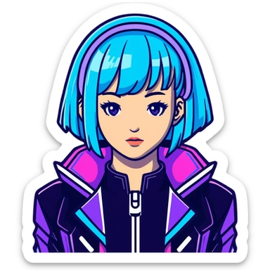 Cyberpunk Japanese girl with neon blue wig, futuristic holographic jacket, digital glitches effect, dark background with purple neon glow, iOS app icon style sticker