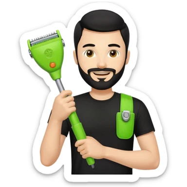 young handsome fair-skinned man with black hair and beard, holding a lime green trimmer in one hand, smiling, wearing a black t-shirt, iOS emoji style sticker