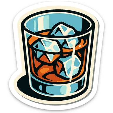 whiskey glass with ice cubes, retro stickers style, clear black outlines, expressive shadows and highlights, no gradients, only sharp color transitions, slightly top view sticker