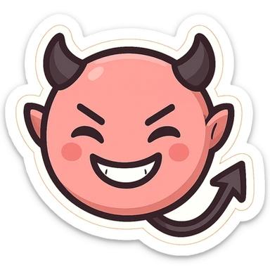 devil emoji in chibi style with pink and black colors, small horns, mischievous grin, cute expression sticker