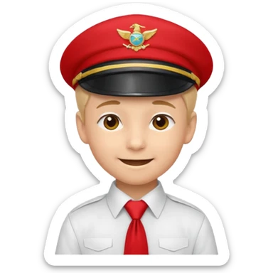 A Soviet pioneer emoji — smiling young boy wearing a bright red tie (pioneer neckerchief) and a red pilotka cap. White shirt, neat and cheerful, minimal flat emoji style, simple colors, clear outlines, professional emoji design. sticker