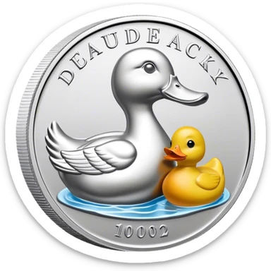 silver coin in profile with a rubber ducky bas relief, the ducks beak is silver sticker
