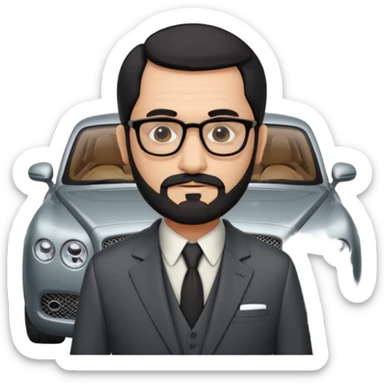 Professor Bentley Dyed black gray hair  frencb beard graying indian guy in suit with a bentley car. Older look with glasses slight balding sticker