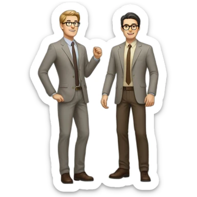 Full height Actively gesturing with hands Pale skinned fit man with dark brown hair in gray jacket, beige office shirt, brown tie, brown pants and vintage glasses. sticker