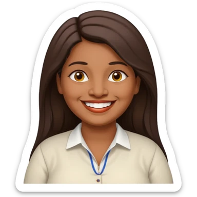 50 yr old chubby Sri Lankan woman, dark skin, straight brown hair, big smile, white teeth, european clothes, longer hair sticker