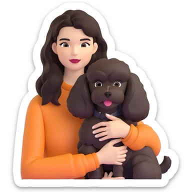 Kendall Jenner with long dark hair holding a brown poodle and a black schnauzer sticker