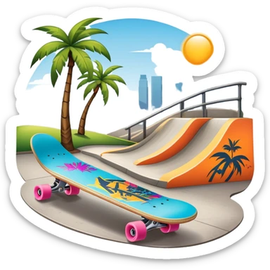 An icon featuring a skateboard resting on a smooth concrete surface. The background shows a sunny skate park with ramps, graffiti walls, and palm trees, creating an urban vibe. The skateboard is designed with vibrant colors and unique graphics. Transparent background  sticker