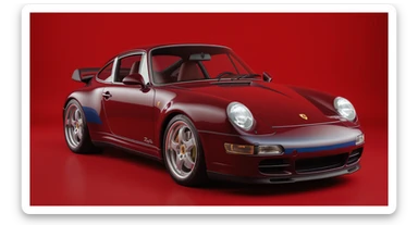Medium shot of a porsche 911, body of car made of russian capret, red solid studio background, low keu light, top soft light, dutch angle,  captured by ARRI 65 sticker