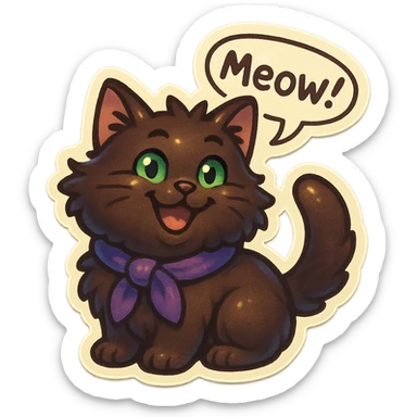 Fluffy cute silly smiling happy dark-brown cat with green eyes and a purple scarf saying ‘mEoW~!’ (With a speech bubble) sticker