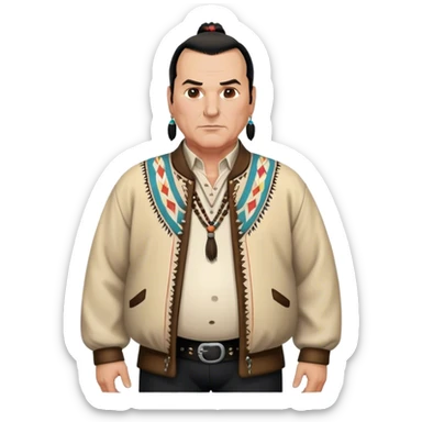 unhealthy steven segal standing render-entire-body balding with ponytail. pot belly. native american style jacket-with-tassles black pants big belly sticker