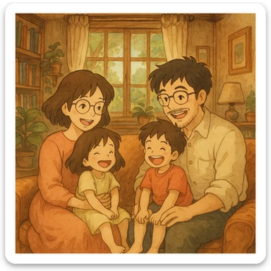 a cartoon family in ghibli style, warm and whimsical sticker
