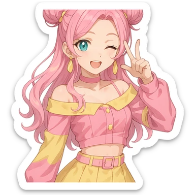 Fluttershy as a human K-pop idol in anime style, twin buns hairstyle, fashionable pink and yellow outfit, playful expression, transparent background sticker