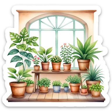 A cozy indoor garden scene with an assortment of potted plants, painted in a delicate and natural watercolor style. sticker