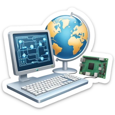 An icon featuring a computer monitor displaying code, a globe with network nodes, and a circuit board, symbolizing IT. The design includes data streams, cloud storage, and a keyboard, representing digital innovation, connectivity, and problem-solving. Transparent background sticker