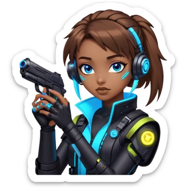 Neon cyberpunk style 
girl with brown hair and blue eyes 
shoots sticker