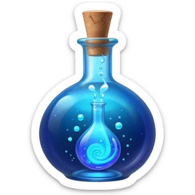 glowing blue neon magic potion, in a round glass bottle  sticker
