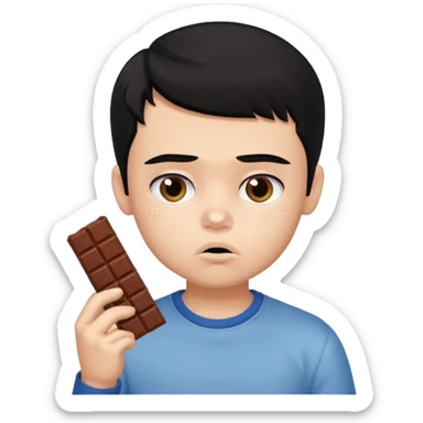 a PRETTY BRATZ boy with black hair eating chocolate and looking sad sticker