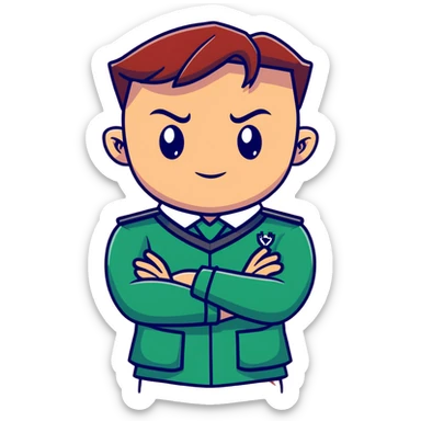 Furious Slytherin student Graham with arms crossed wearing house uniform sticker